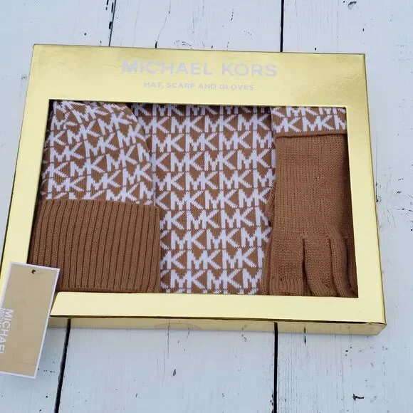 MICHAEL KORS Women's Camel Brown Beanie Hat Scarf Glove Pc